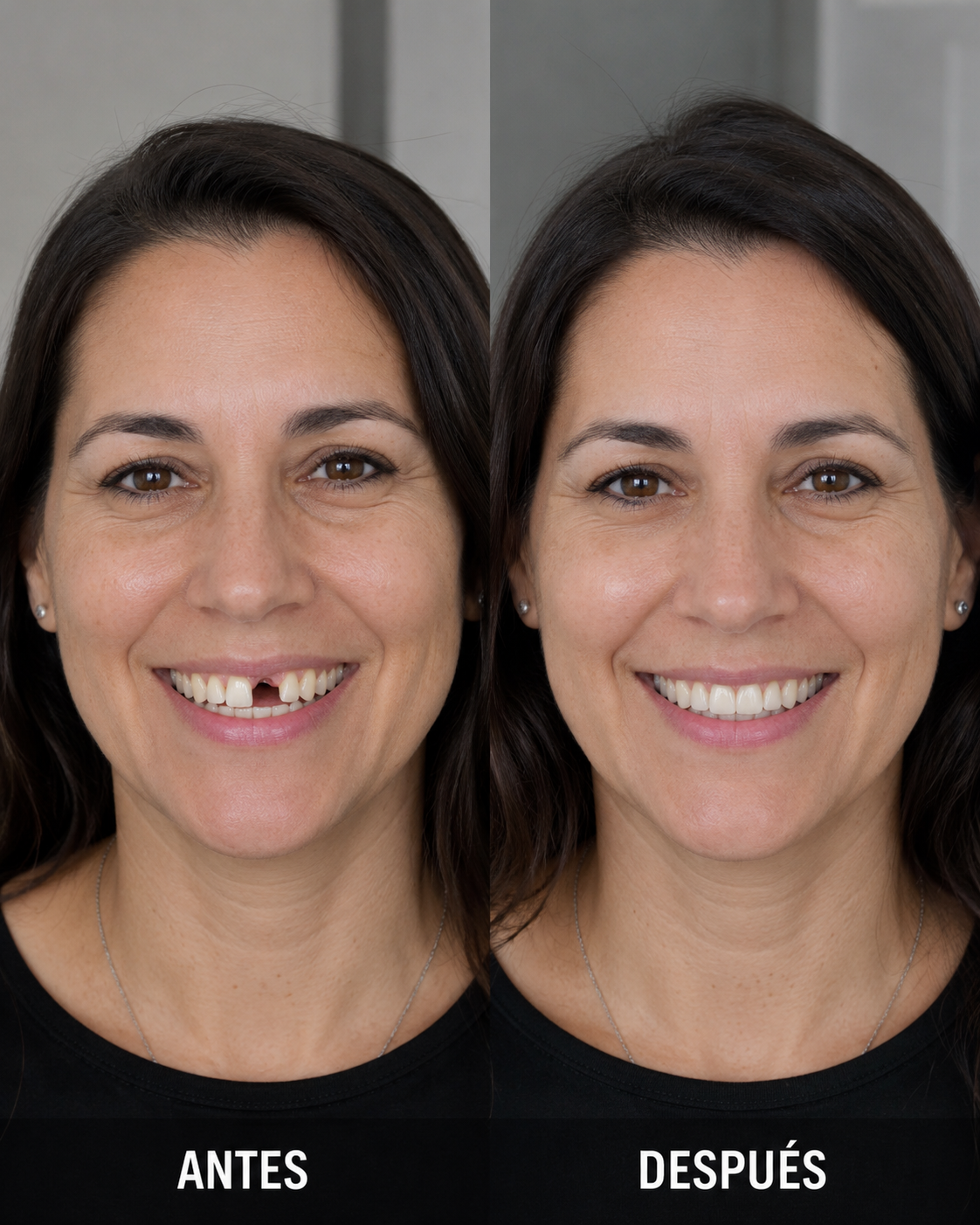 Antes y después del implante dental de Sandra en San Martin Dent Temuco — diente frontal restaurado