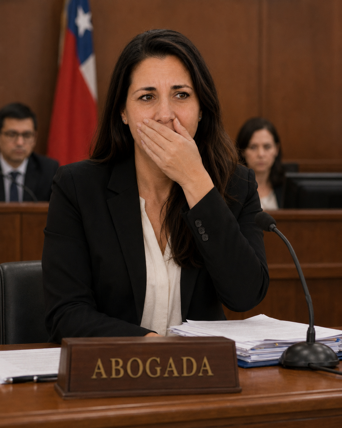 Sandra, defensora pública de Temuco, cubriéndose la boca durante una audiencia — el impacto del diente perdido en su trabajo