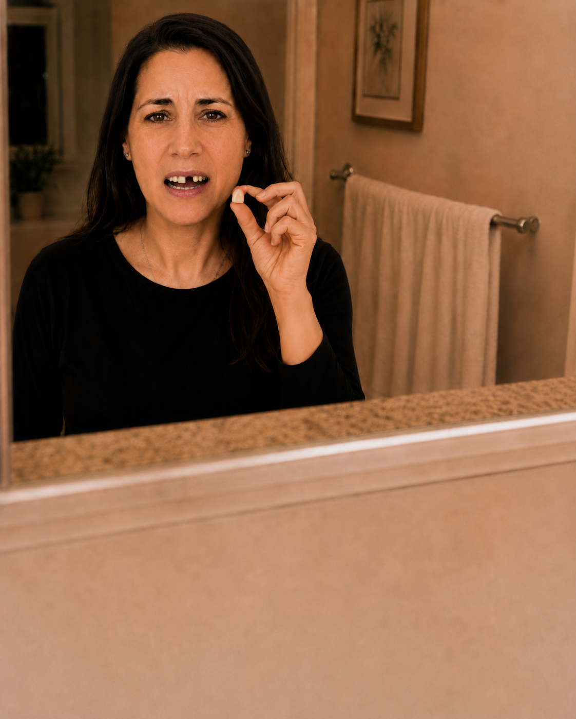 Sandra retirando su prótesis dental removible frente al espejo — el ritual nocturno que la recordaba cada día el problema