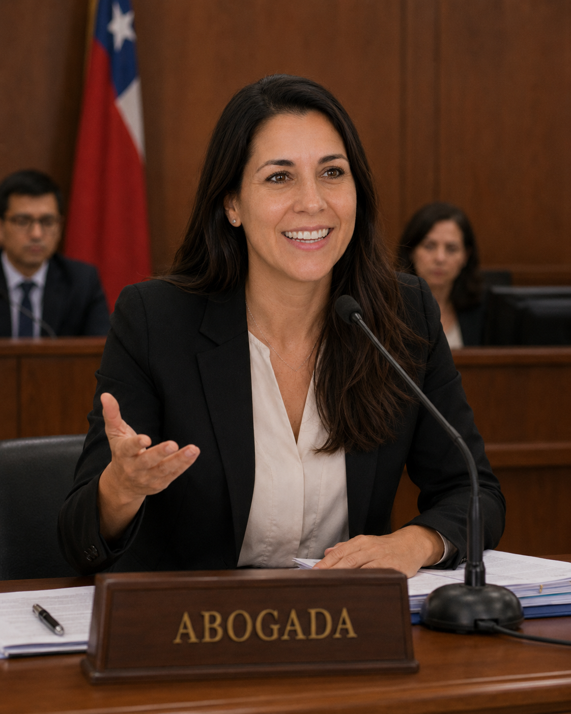 Sandra, defensora pública de Temuco, después de su implante dental en San Martin Dent — sonriendo con confianza en sala de audiencias