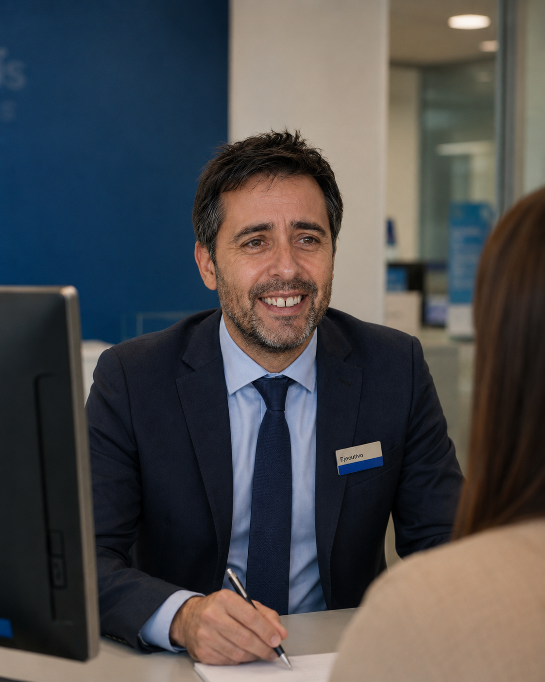 Julián, ejecutivo de banco en Temuco, atendiendo a un cliente — antes de su tratamiento de ortodoncia