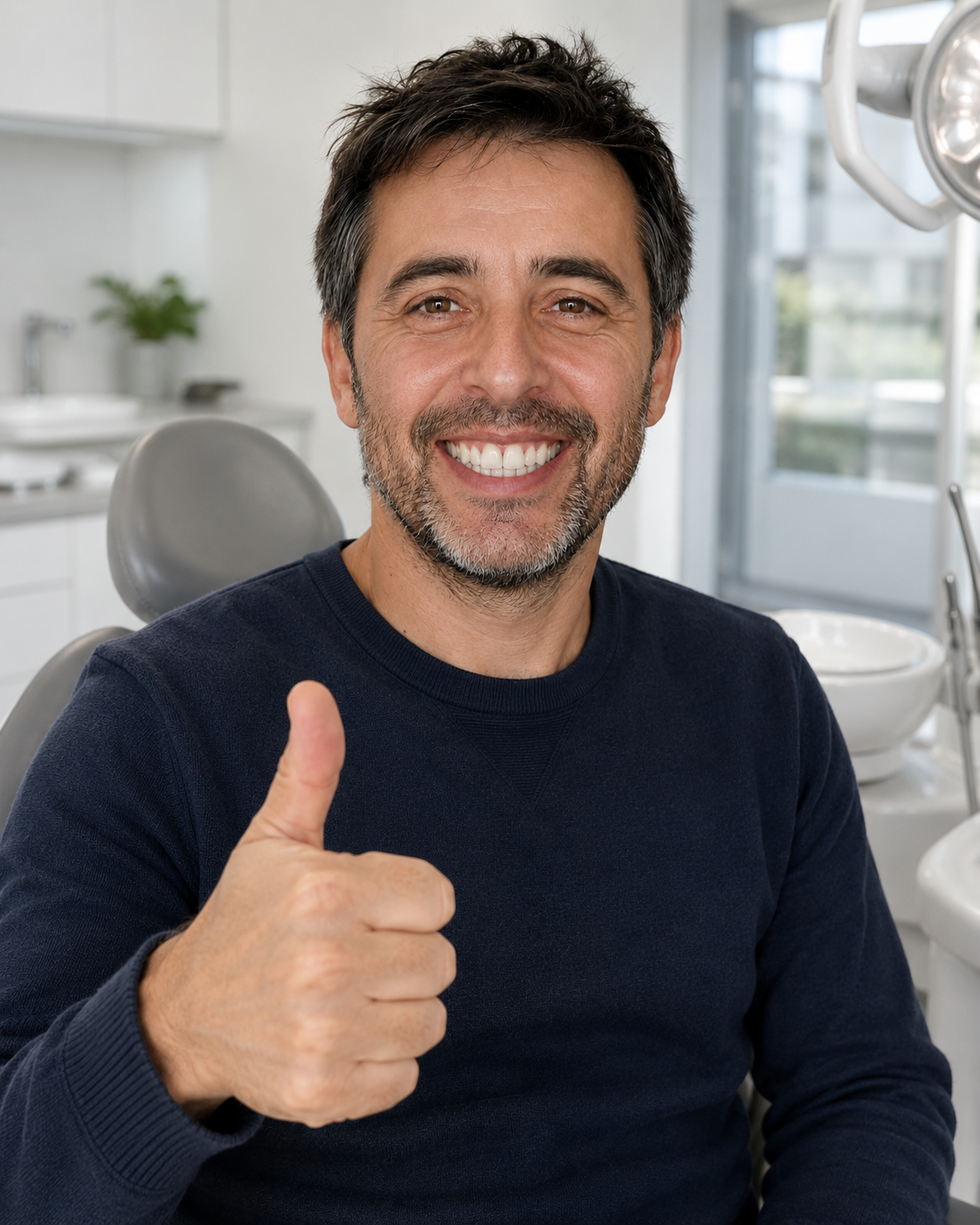 Julián en el sillón dental de San Martin Dent Temuco — el día que le quitaron los brackets, mostrando su nueva sonrisa perfecta